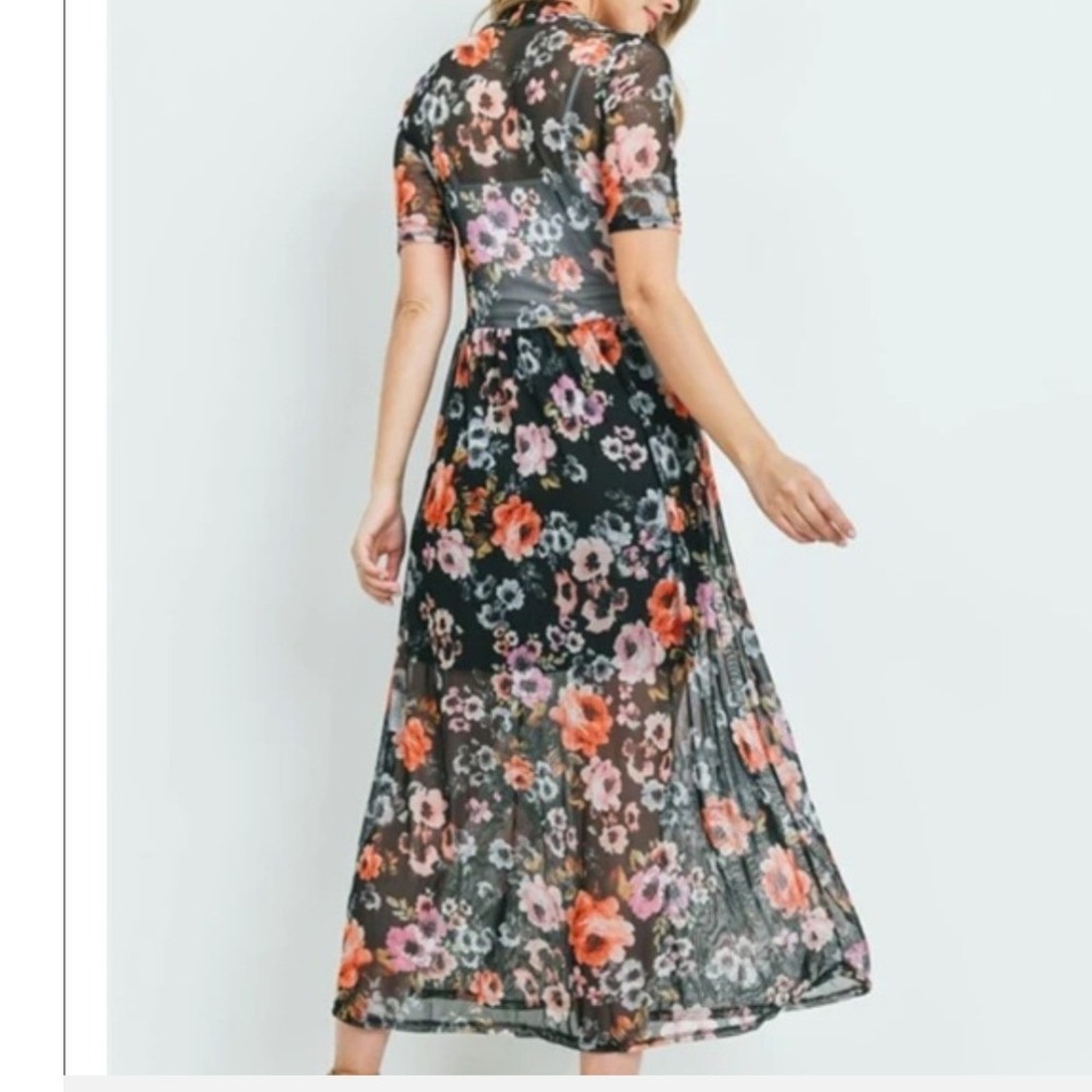 Potter's Pot Floral Maxi Dress Women M Blue Sheer Mesh Mock Neck Short Sleeve
